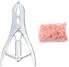A silver castration clamp and a bag of orange castration bands are shown against a white background. Produktbild-Vorschau