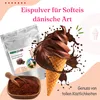 A marketing image for soft-serve ice cream powder, featuring a chocolate ice cream cone, a bag of powder, and a bowl of powder. Produktbild-Vorschau