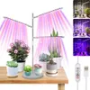 A plant grow light with multiple adjustable arms illuminating several potted plants on a wooden table. The image also includes inset photos showing different lighting modes. Produktbild-Vorschau
