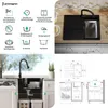 A collage of images showing a black granite sink with various features and installation diagrams. Produktbild-Vorschau