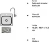 A stainless steel sink and faucet are shown next to a list of product specifications. Anteprima dell’immagine prodotto