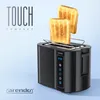 A black toaster with two slices of toast popping out, set against a light blue gradient background. Text overlays highlight the product's features. Produktbild-Vorschau