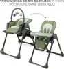 Two configurations of a green baby high chair are shown side-by-side, illustrating its transformation from a reclined baby lounger to a standard high chair. Produktbild-Vorschau