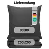 A folded duvet and a pillow are shown, with labels indicating size and certifications. Produktbild-Vorschau
