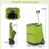 Product dimensions and features are illustrated with multiple views of a green shopping trolley. Produktbild-Vorschau