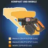 A diagram showing a pressure washer with dimensions for different brands, overlaid on a blue gradient background. Produktbild-Vorschau