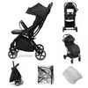 A collage of images showing a black stroller from different angles and its accessories. Náhľad obrázku produktu