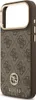 A close-up view of a brown phone case with a repeating Guess logo pattern and a gold trim around the camera opening. Anteprima dell’immagine prodotto