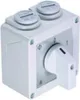 A white electrical switch with a rotary handle and two circular connectors on top, set against a white background. Produktbild-Vorschau