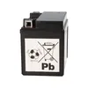 A black battery with warning labels on a white background. Produktbild-Vorschau