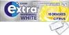 A product shot of a pack of Wrigley's Extra Professional White Citrus chewing gum, with two pieces of gum shown separately. Produktbild-Vorschau