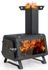 A black portable wood stove with flames visible through a glass window and smoke/flames coming out of the chimney. Náhled obrázku produktu