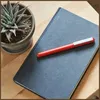 A red pen rests on a dark gray notebook, with a potted succulent plant to the left, all on a wooden surface. Produktbild-Vorschau