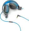 A pair of gray and blue headphones with a blue cord and a 3.5mm jack are shown on a white background. Produktbild-Vorschau