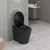 A black toilet in a modern bathroom setting with marble-effect walls and light gray tiled floor. Produktbild-Vorschau