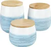 Three ceramic storage jars with wooden lids, arranged in a group. Produktbild-Vorschau