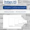 A graphic displaying different sizes of white squares, with text overlays indicating brand, product selection, and size options. Produktbild-Vorschau