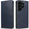 A blue leather flip case for a Samsung Galaxy S25 Ultra phone, shown from two angles. Produktbild-Vorschau