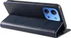 A dark blue flip case for a smartphone is shown standing open, revealing the phone's camera module. Produktbild-Vorschau
