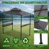 A dark gray gazebo with shelves is set up on a grassy area with a lake and mountains in the background. Several close-up images and icons highlighting features are on the right and bottom of the main image. Voir les images du produit
