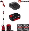 A collage of an Einhell battery-powered rain barrel pump, charger, and battery, along with warranty information. Produktbild-Vorschau
