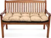 A close-up, front-facing view of a wooden bench with a beige cushion. Náhľad obrázku produktu