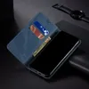 A blue flip-style phone case with slots for cards and cash, open to reveal a black smartphone screen. Produktbild-Vorschau