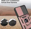 A rose gold phone case with a camera slider and ring holder, shown in a desert-like environment with inset images demonstrating the slider mechanism. Produktbild-Vorschau