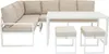 An outdoor furniture set including a corner sofa, a table, and two stools, all with white frames and beige cushions, displayed on a white background. Produktbild-Vorschau