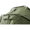 A close-up view of a green tent's structure and fabric. Voir les images du produit