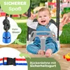 A baby is happily sitting in a KIDIZ baby swing, with close-ups of safety features and text overlays highlighting benefits. Produktbild-Vorschau
