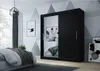 A bedroom scene featuring a large black sliding door wardrobe with a mirrored front, placed next to a bed. Produktbild-Vorschau