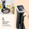 A collage showing a sous vide cooker in use in a pot of water and a close-up of its control panel. Produktbild-Vorschau
