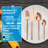 A set of rose gold cutlery on a white plate, with text overlays describing the product. Náhled obrázku produktu