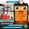 A construction heater is shown with its features highlighted by text overlays and a person's hand holding the handle. Produktbild-Vorschau
