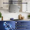 A kitchen scene with a range hood and stovetop, with a close-up of an engine and feature icons below. Náhled obrázku produktu