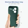 A hand holding a dark green phone case against a white background. Text overlays describe the product's features. Produktbild-Vorschau