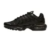 A studio shot of a single black Nike Air Max Plus sneaker against a white background. Produktbild-Vorschau