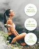 A woman meditating outdoors with informational circles on the right side. Produktbild-Vorschau