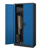 An open blue metal cabinet containing clothing, a bag, and shoes. Produktbild-Vorschau