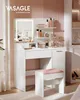 A white vanity table with a lighted mirror, makeup, and a stool, set in a bedroom with pink accents. Produktbild-Vorschau