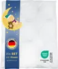 A white duvet or comforter is shown, with a blue band on the left side featuring cartoon graphics and text. Produktbild-Vorschau