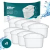 A product shot of multiple water filter cartridges arranged in front of their packaging. Podgląd zdjęcia produktu