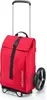 A red shopping trolley bag with a black strap and silver handle and wheels, isolated on a white background. Voir les images du produit
