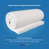 A rolled-up mattress topper is shown on a blue background, with text describing its features. Produktbild-Vorschau