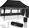 A black pop-up gazebo tent with three side walls, shown with its accessories laid out in front. Produktbild-Vorschau