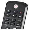 A close-up view of a black remote control with various buttons. Produktbild-Vorschau