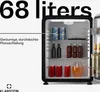 A mini refrigerator with various items inside, presented with text and a logo. Produktbild-Vorschau