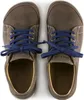 A top-down view of a pair of brown Birkenstock shoes with blue laces tied together. Produktbild-Vorschau