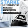 A steam ironing station and folded shirts are displayed on a table, with marketing text overlayed. Produktbild-Vorschau